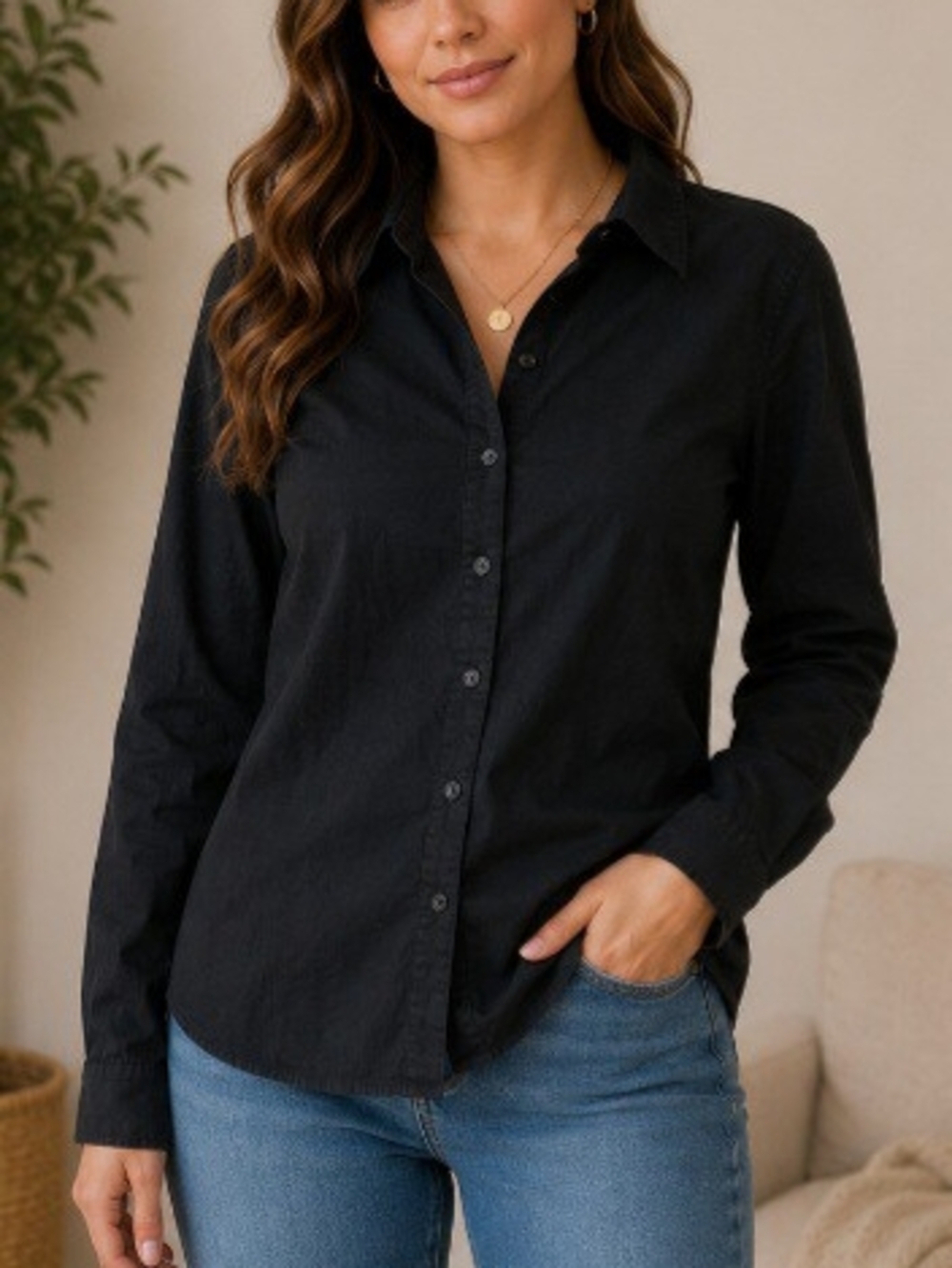 Classic Black Button-Up Blouse | Long Sleeve Collared Top